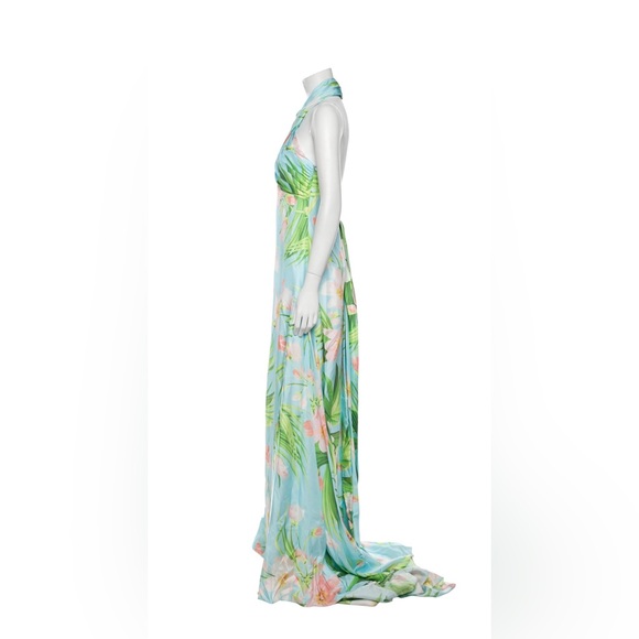 Carolina Herrera 100% Silk Floral Halter Maxi Dress in Light Blue and Green - Picture 2 of 5
